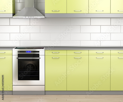 Modern electric stove and range hood in the kitchen