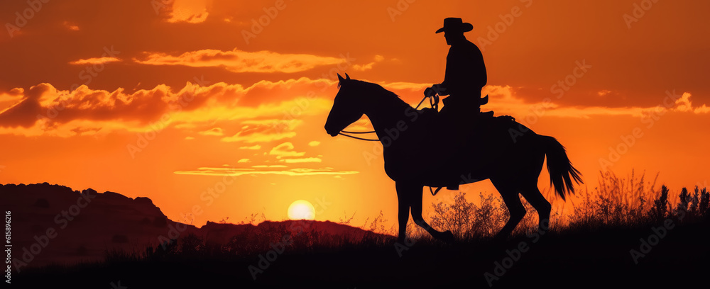 Cowboy riding a horse into sunset, only silhouette visible against orange sky. Banner, copy space for text left side. Generative AI