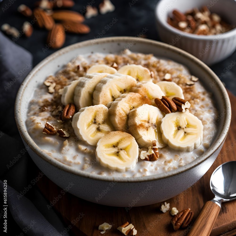 Oatmeal porridge with banana, walnuts and honey in bowl Healthy breakfast,AI Oatmeal porridge with banana, walnuts and honey in bowl Healthy breakfast,AI