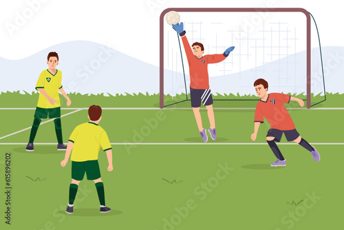 Teenage football players from different teams kick a soccer ball. Football competition. Children's athletes play football championship Goalkeeper catches the ball. Cartoon vector flat illustration