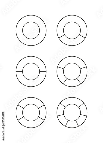 Ring chart templates with 2, 3, 4, 5, 6 and 7 pieces. Circle section graph set. Circular structure. Pie diagram divided into segments. Schemes with sectors. Piechart with slices. Vector illustration