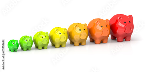 3d rendering of some piggy banks in different colors for energy efficiency
