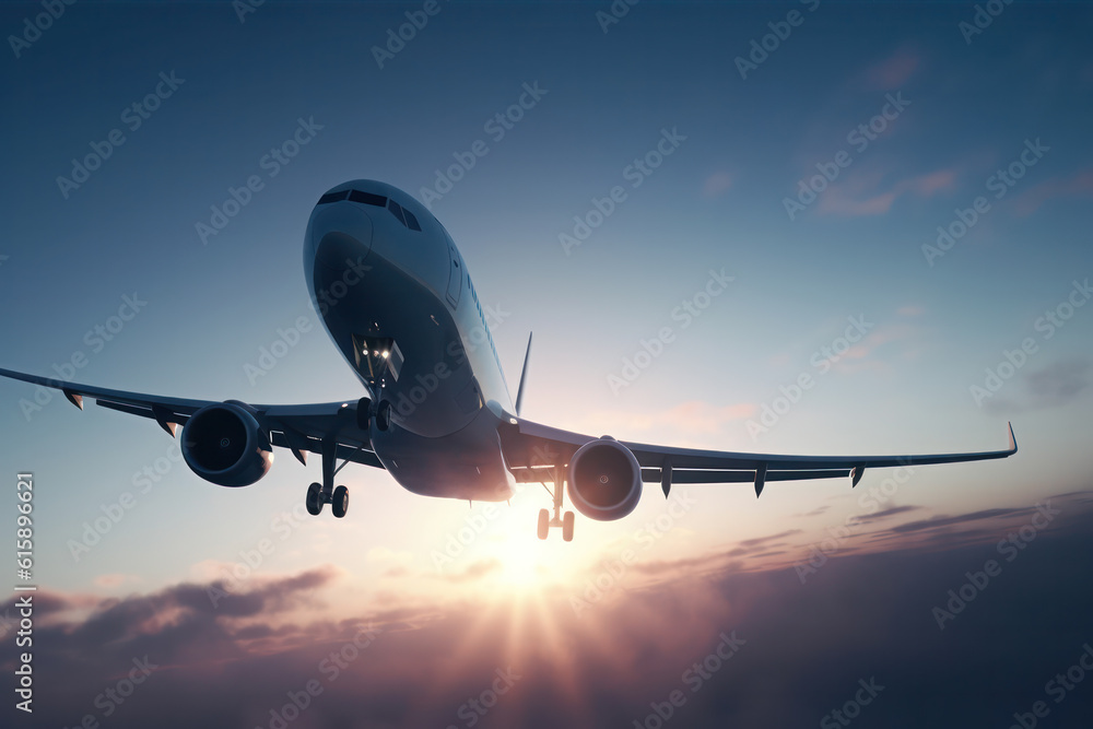 Fototapeta premium Landing airplane on a sunset sky background. Top down view. Golden our.