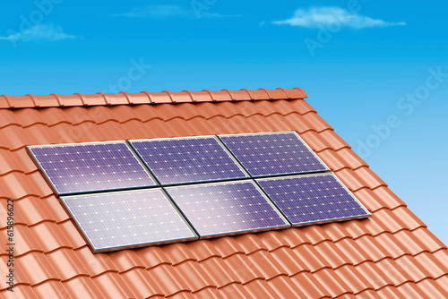 Solar panels on the roof of a building, 3D illustration