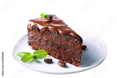 Tableau sur toile chocolate cake on plate isolated on a transparent background