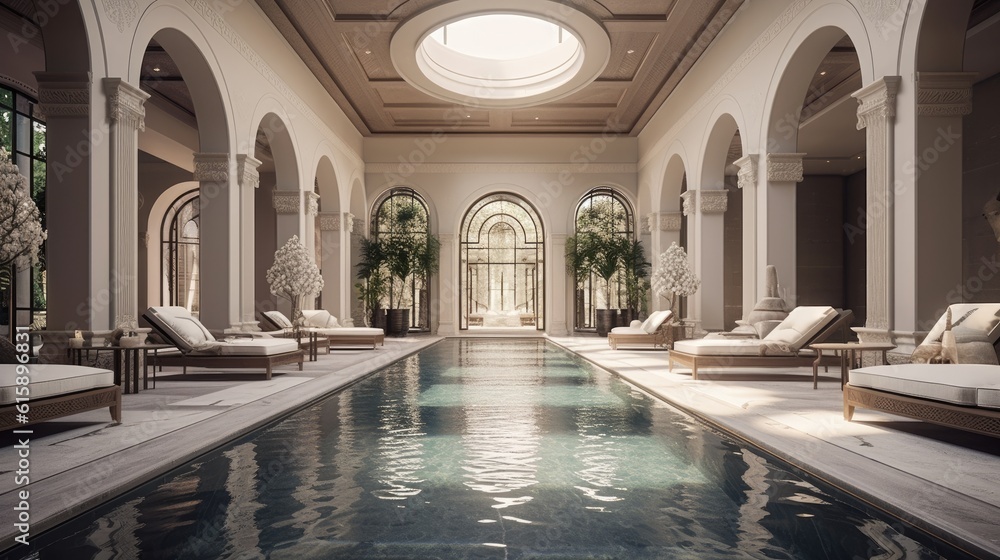 Interior design villa pool fashionable luxury, high interior height ...