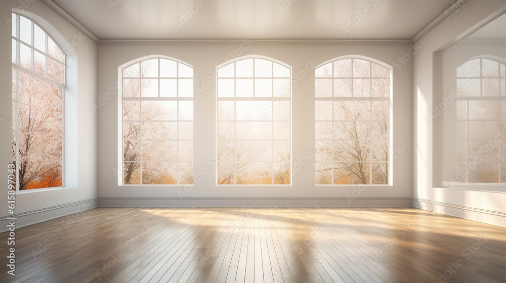 Fototapeta premium Light empty modern room with a spring landscape in the window. AI generation 