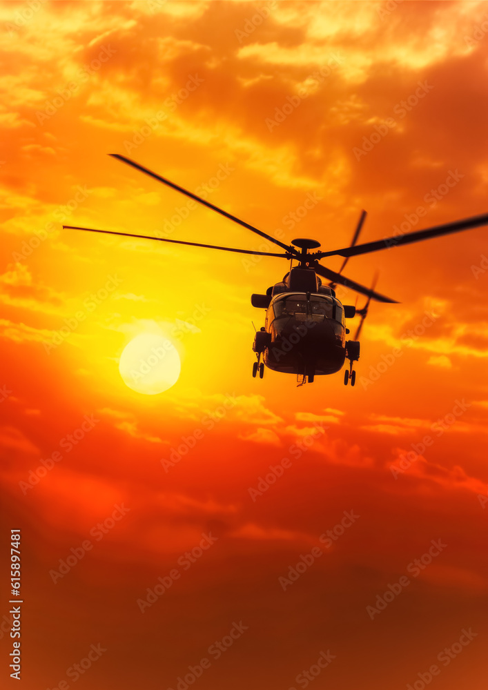 Battle helicopter flying into sunset clouds, silhouette visible only, empty copy space lower part. Generative AI Battle helicopter flying into sunset clouds, silhouette visible only, empty copy space lower part. Generative AI