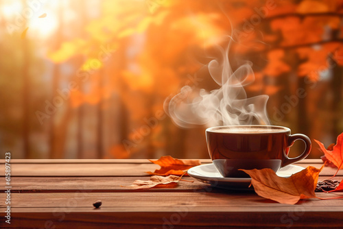 Cup of coffee on a wooden table with an autumn background