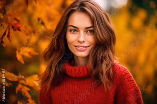 Portrait of a beautiful woman in a red sweater on an autumn background