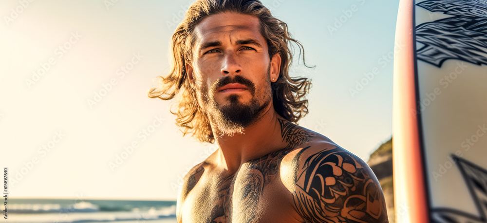 Sexy surfer man with surfboard on the beach. Handsome male athlete with tattoo holding surf board with wet hair on summer beach sport holiday. Surfing lifestyle. digital ai art