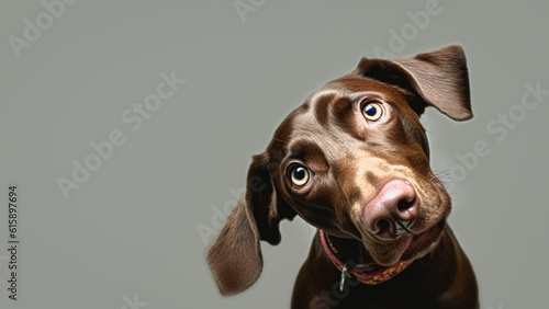 Funny dog. Cute happy playful dog or pet isolated on gray background. Cute, happy, crazy dog headshot smiling on gray background with copy space.  © Viks_jin