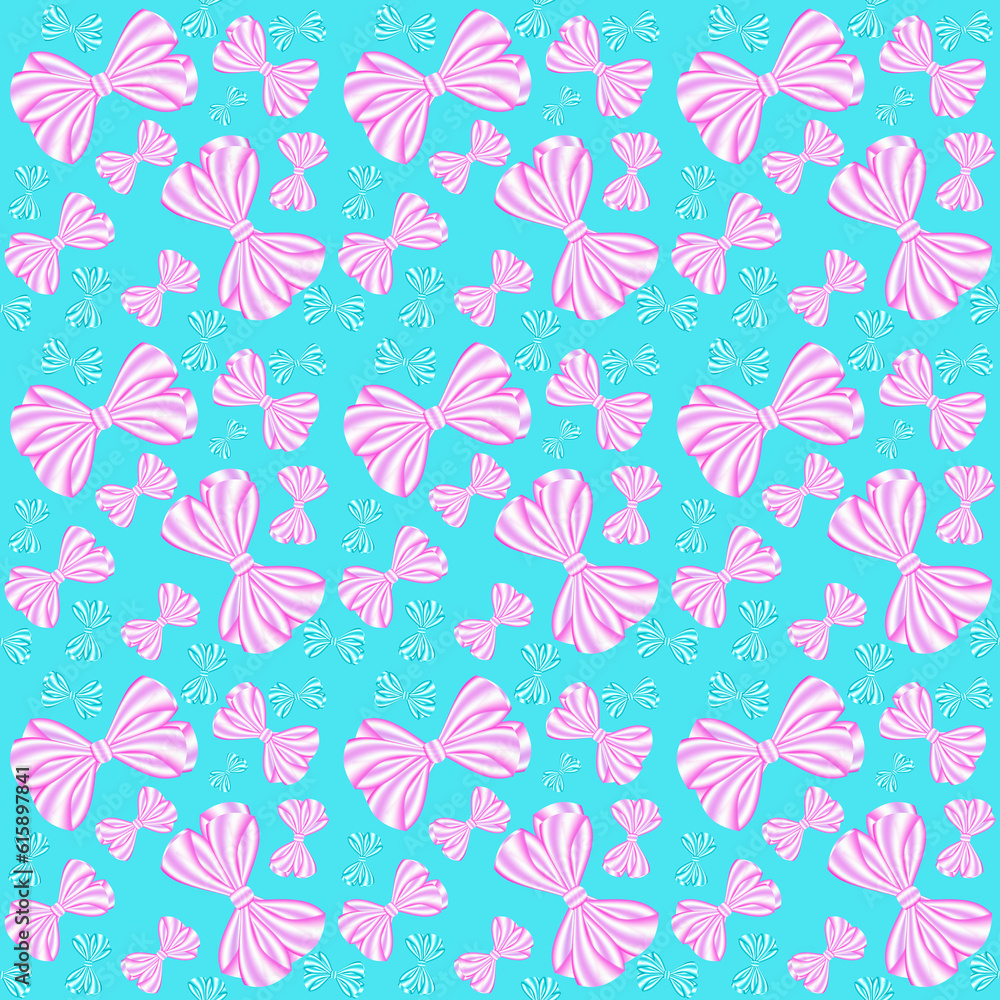 Fototapeta premium Seamless pattern with pink and blue bows from striped ribbons on a blue background, can be used as a print for textiles, children's and women's clothes and bed-clothes, wrapping paper