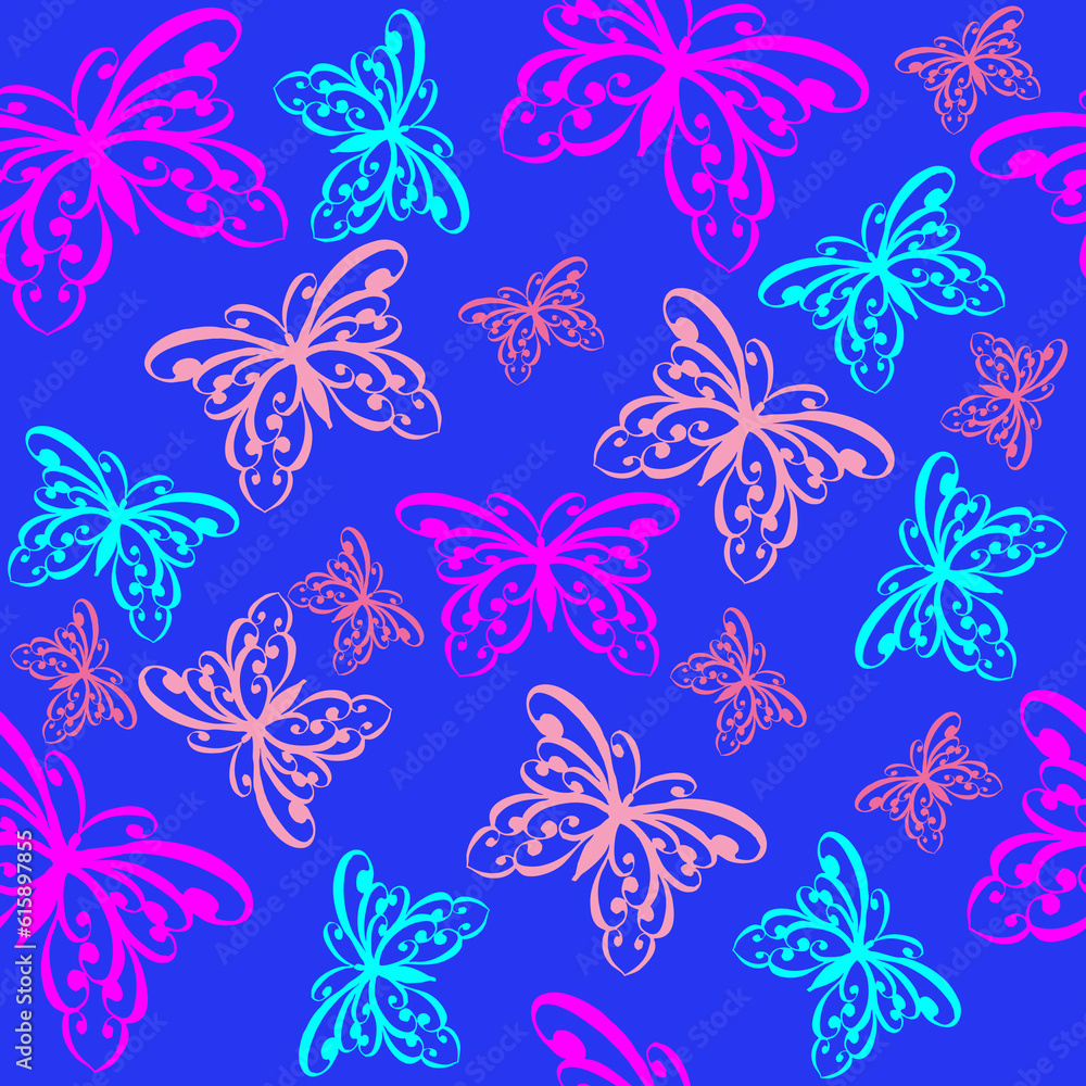 Bright, colorful butterflies seamless pattern on a blue background. Template of fabric print for umbrella, childrens and female clothes or notebook cover.
