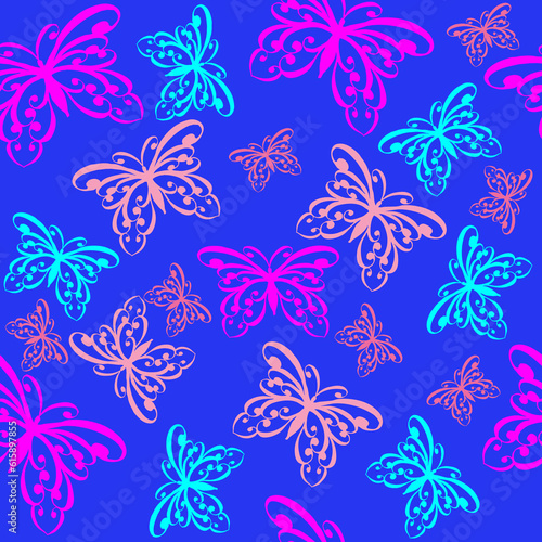 Bright, colorful butterflies seamless pattern on a blue background. Template of fabric print for umbrella, childrens and female clothes or notebook cover. © Designpics