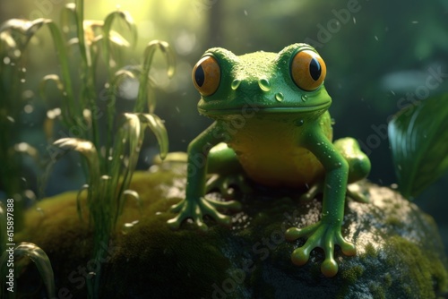 Beautiful cute green turtle sitting in a lush forest  there is a river in the background  incomprehensible character  background focus  fantasy  magic. Created with Generative AI.