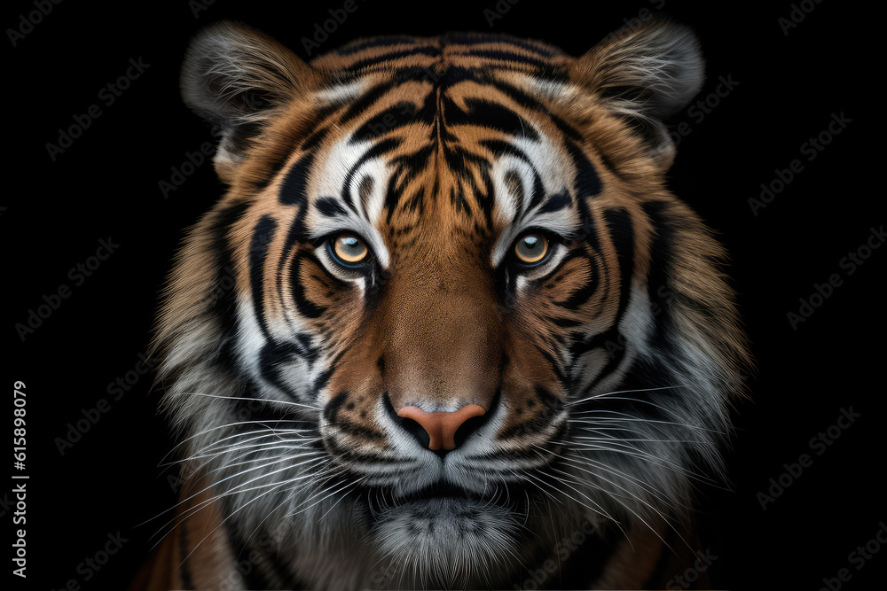 tiger, front view, black background, hyperrealistic photography, ai generated.