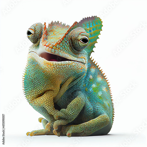 Detailed illustration of a happy smiling chameleon isolated on a white background Ai generated image 