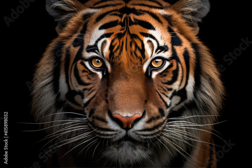 tiger, front view, black background, hyperrealistic photography, ai generated.