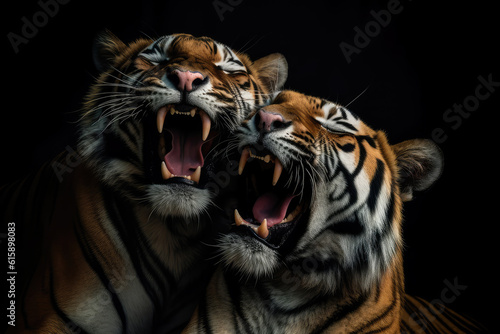 two tigers licking each other, front view, black background, hyperrealistic photography, ai generated. © Giovanna