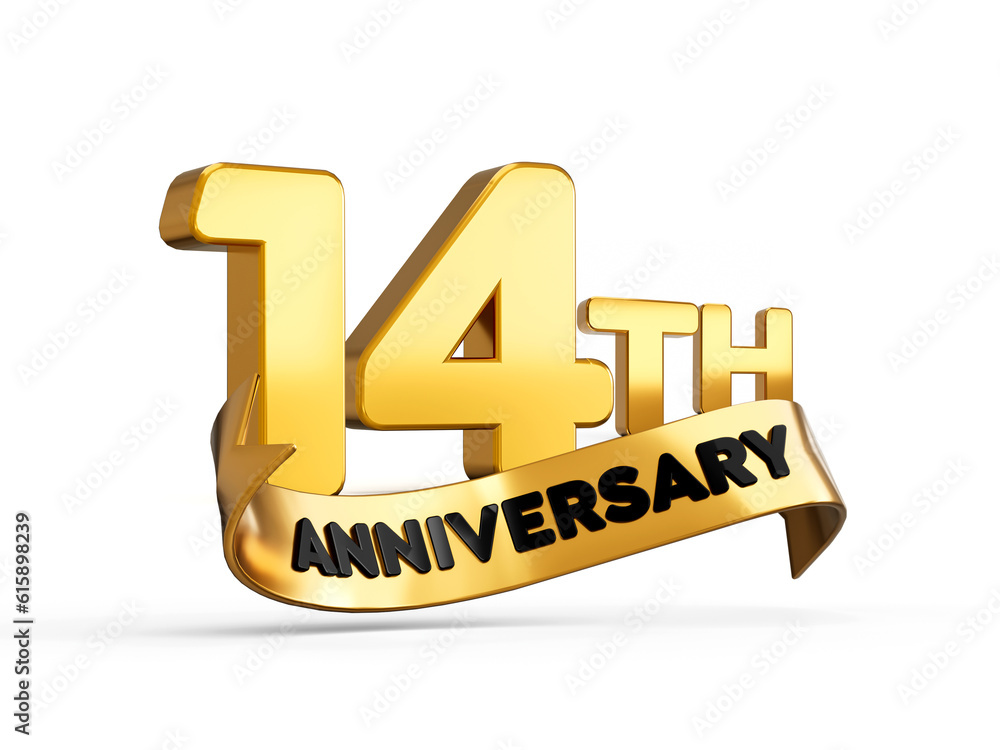 14th or fourteenth anniversary in gold on white background with shadow. 3d illustration 14th or fourteenth anniversary in gold on white background with shadow. 3d illustration