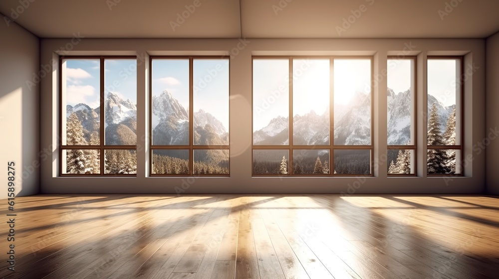 Obraz premium Light empty modern room with a winter mountain landscape in the window. AI generation