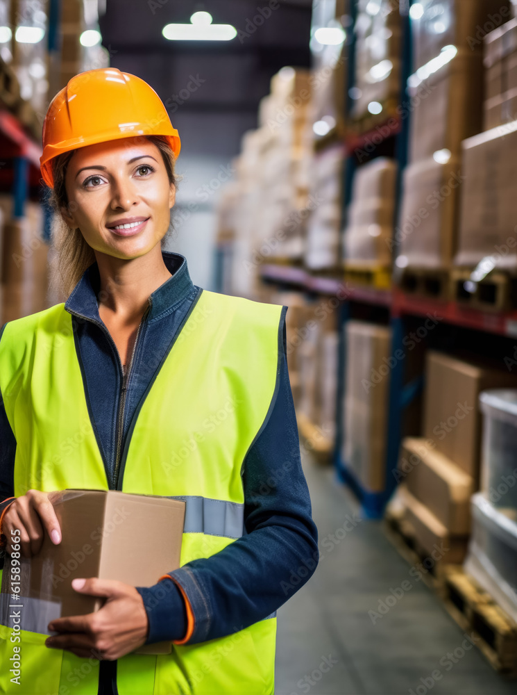 Female worker in a warehouse, Young Caucasian woman in high visibility vest, carton box in her hands, blurred shelves stacks background. Generative AI Female worker in a warehouse, Young Caucasian woman in high visibility vest, carton box in her hands, blurred shelves stacks background. Generative AI