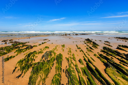 Rock formations on sandy beach (Algarve, Costa Vicentina, Portugal).