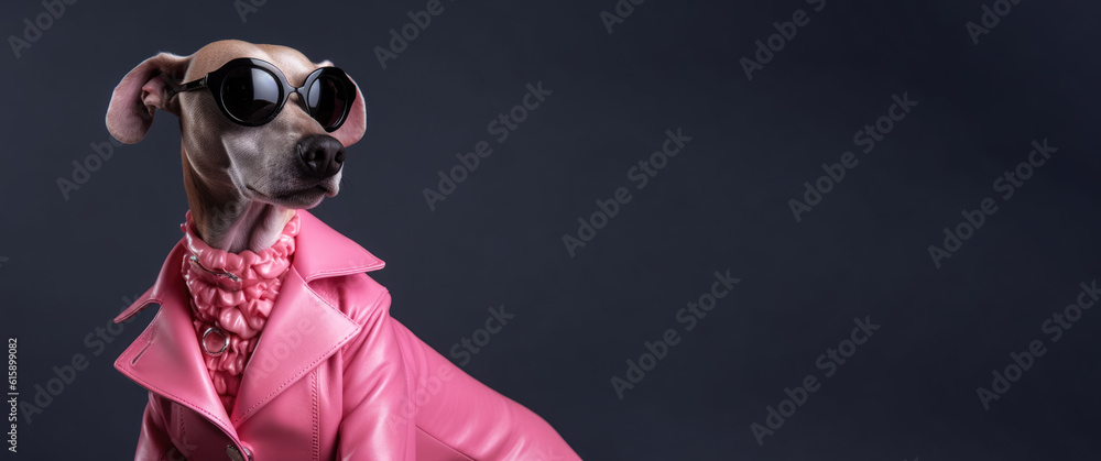 Obraz premium Cool looking dog wearing pink funky fashion dress - jacket, tie, glasses. Wide banner with space for text right side. Stylish animal posing as supermodel. Generative AI