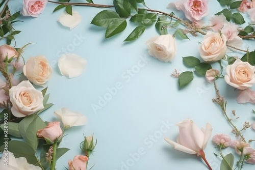 Flat lay of a few leaves and roses on the Light Pastel Background. Created with Generative AI Technology