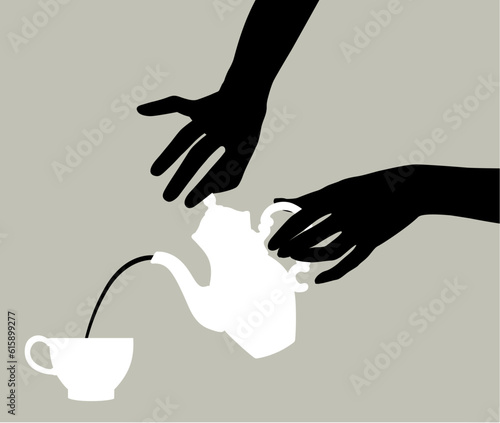 Black and white silhouettes of female hands with a teapot pour coffee or tea into a cup. Vector illustration