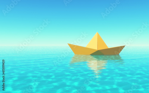 Paper boat sailing on blue water surface. This is a 3d render illustration.