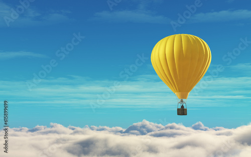 Man in a hot air balloon yellow on a blue sky.  This is a 3d render illustration