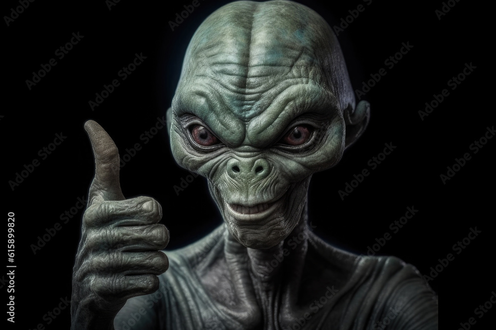 Alien humanoid portrait on dark background. Extraterrestrial humanoid shows thumb up gesture. Friendly alien. Created with Generative AI Alien humanoid portrait on dark background. Extraterrestrial humanoid shows thumb up gesture. Friendly alien. Created with Generative AI