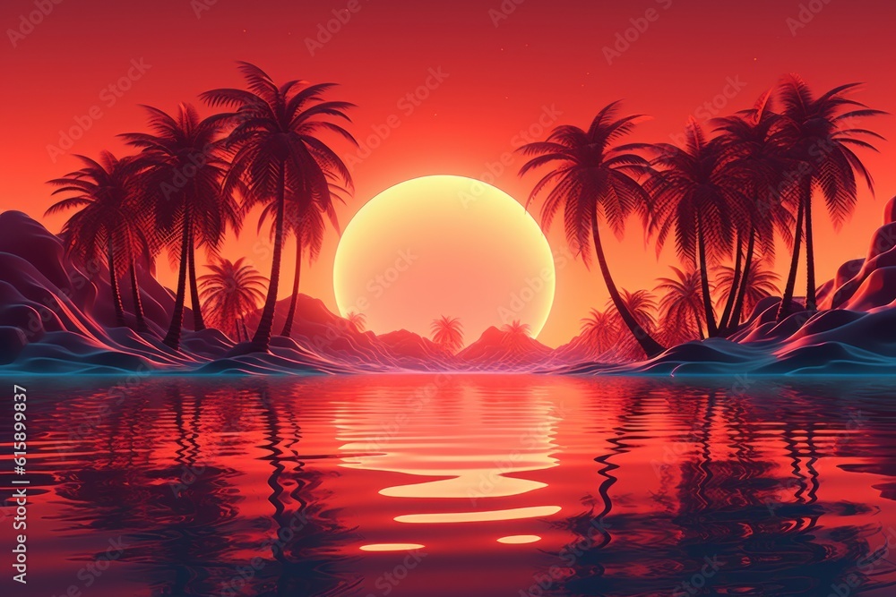 3d sunset on the beach. Retro palms sci fi background with ocean. Sun reflection in water. Futuristic landscape 1980s style. Created with Generative AI.