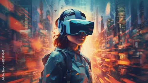Vr headset, double exposure, future city background, metaverse, futuristic virtual world. 