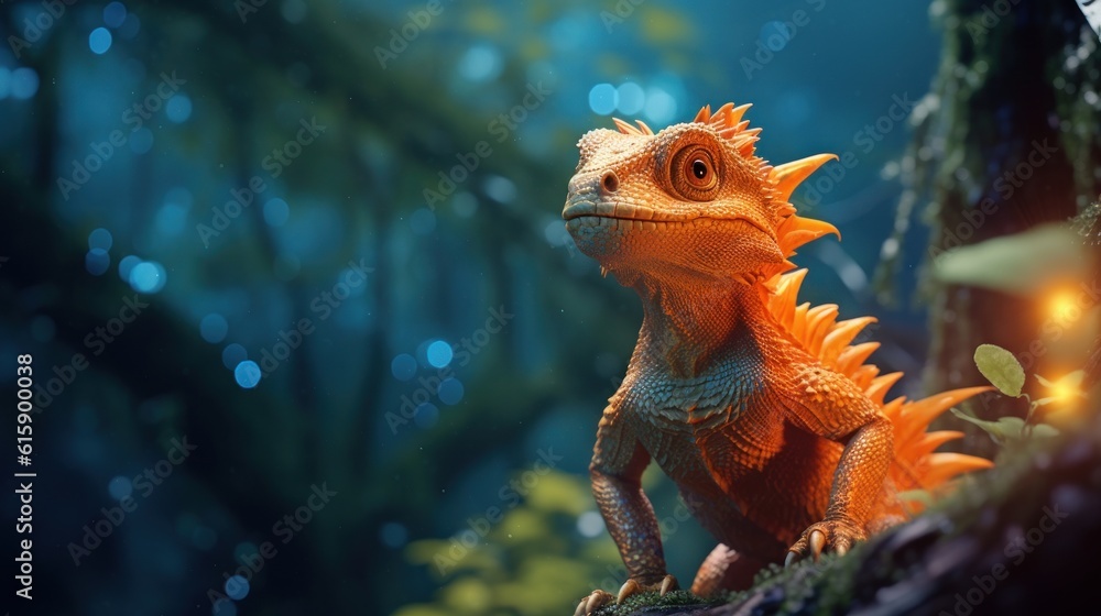 Handsome cute orange dragon sitting in a lush forest. Created with Generative AI. Handsome cute orange dragon sitting in a lush forest. Created with Generative AI.
