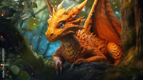 handsome cute orange dragon sitting in a lush forest. Created with Generative AI. © DreamPointArt