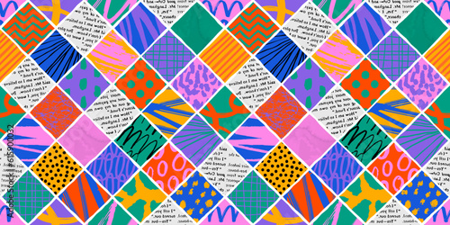 Colorful square mosaic grid seamless pattern with collage art texture. Modern contemporary art background, checkered geometric shape hand drawn print, maximalist patchwork paint wallpaper.	
