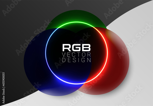 RGB company logo background vector template. Logotype concept light icon. RGB color semitransparent circles with light glow ring
