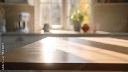 Empty wooden tabletop, counter, desk background over blur perspective kitchen background, wood table worktop for product placement, blurred kitchen, product display mockup,Generative AI