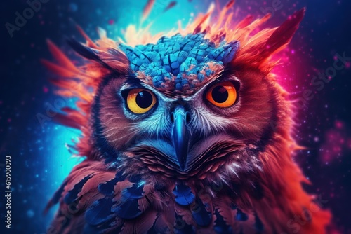 Abstract animal Owl portrait with colorful double exposure. Created with Generative AI.