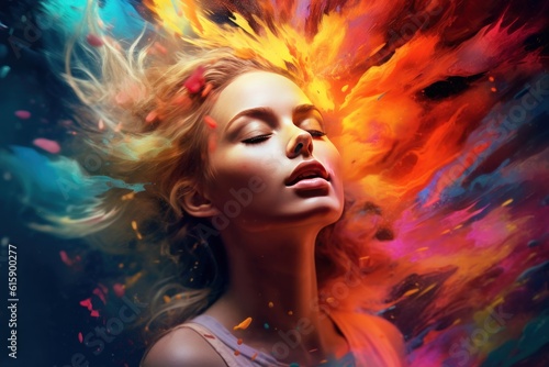 Beautiful fantasy abstract portrait of a beautiful woman double exposure with a colorful digital paint splash or space nebula. 