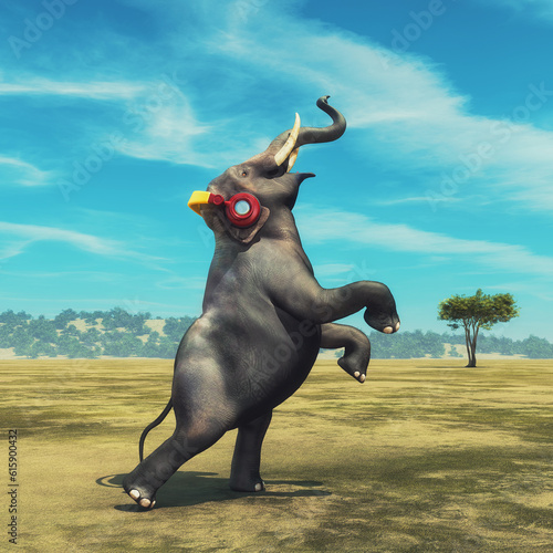 Elephant with headphones dancing on the field. This is a 3d render illustration