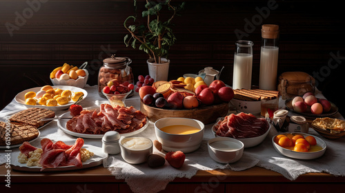 an assortment of food on a table with milk  fruit  cracks  bread and other foods in bowls