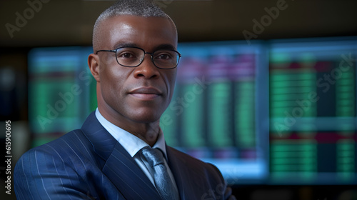 African American Man, stock trader, large copy space
