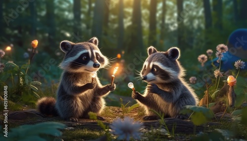 Funny raccoons are playing with each other