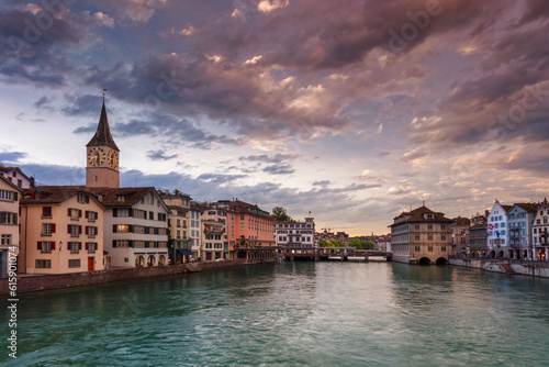 Cityscape image of Zurich, Switzerland during dramatic sunset. © Designpics