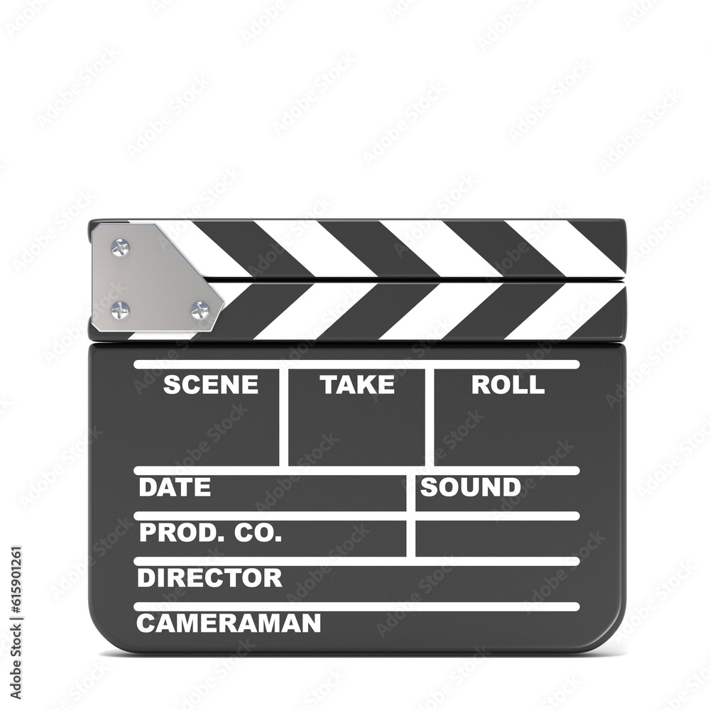 Movie clapperboard, closed. 3D render illustration isolated on white background