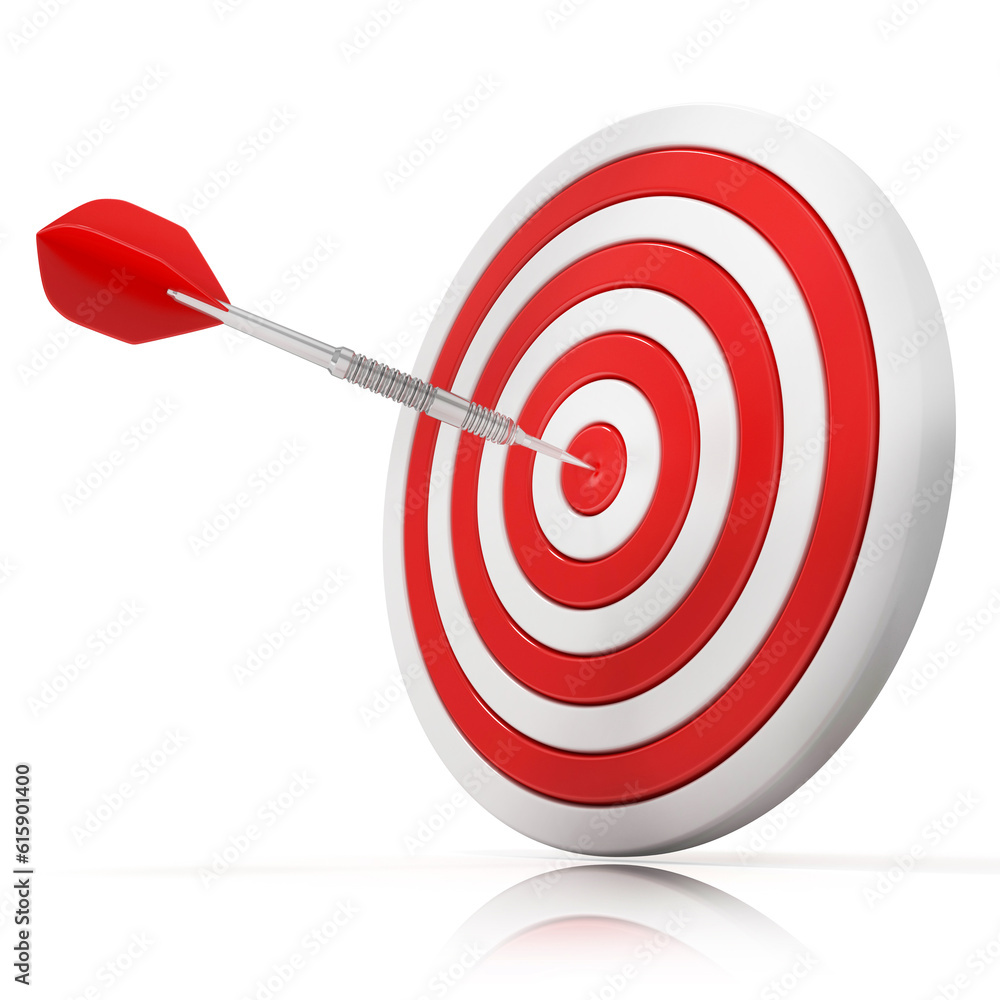 Dart hitting a target, 3D model Isolated on white background, side view